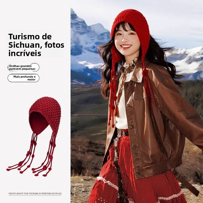 nouveau-chapeau-tricote-rouge-du-nouvel-an-2025-avec-pompon-pour-femme-–-chaud-et-confortable-en-laine-pour-l'automne-et-l'hiver-–-petit-chapeau-rouge-de-noel-a-motif-treillis
