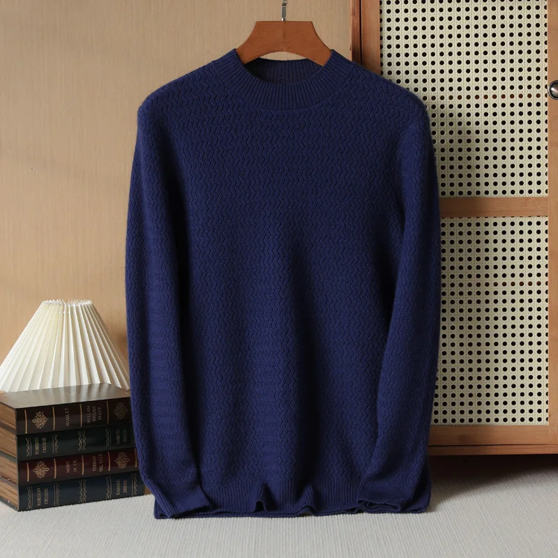 2023 Men\'s High End 100 Pure Cashmere Knitted Diamond Round Neck Sweater Winter Warm Pullover Solid Autumn Solid Business Top