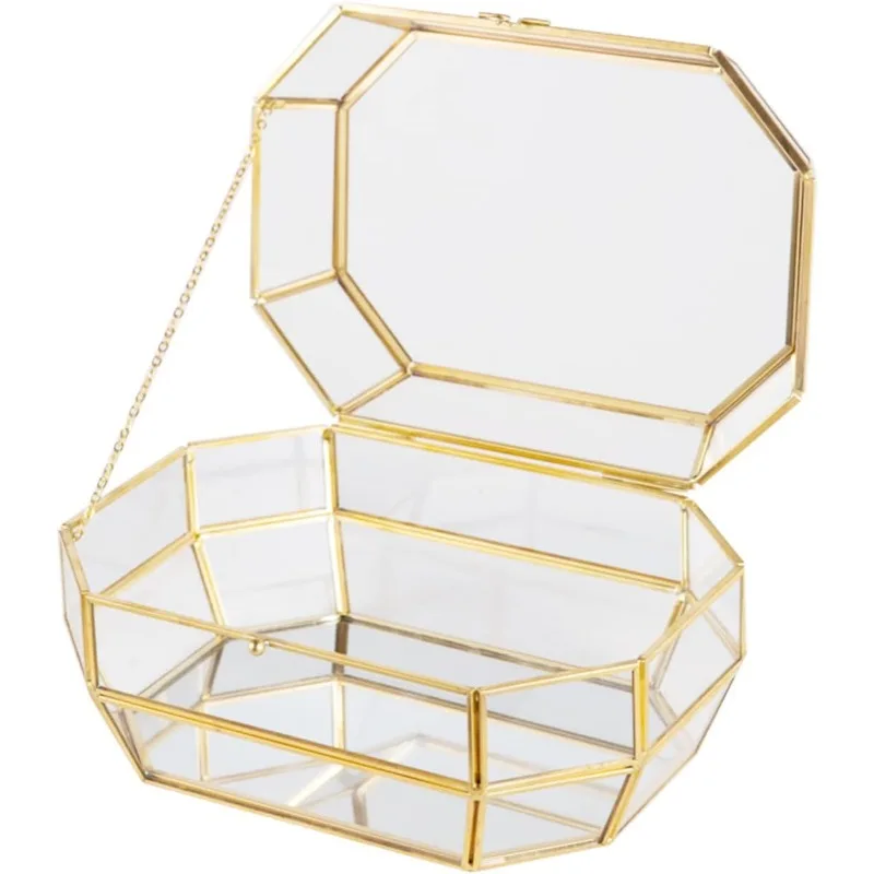 Gold and Clear Jewelry Trinket Box, Glass Decorative Box, Chic Design Storage for Cosmetic/Bracelet/Necklace/Ring, Idea G
