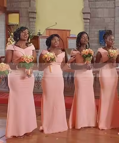 Pink V-Neck Bridesmaid Dress Satin Spaghetti Strap Off Shoulder Mermaid Modern Floor Length Evening Dress Plus Size Customized