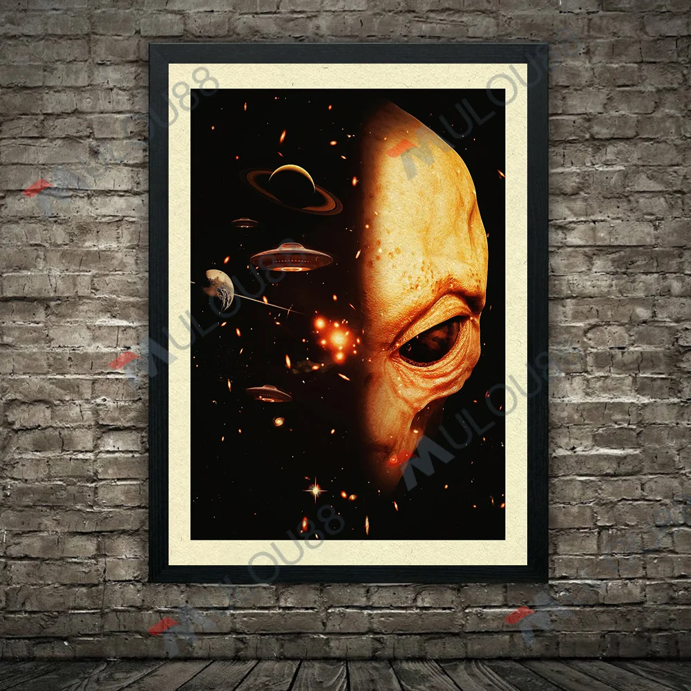 Alien Observer And Ufo Vintage Wall Art Canvas Painting,Surreal Fantasy Gothic Art Poster And Print For Living Room Decoration