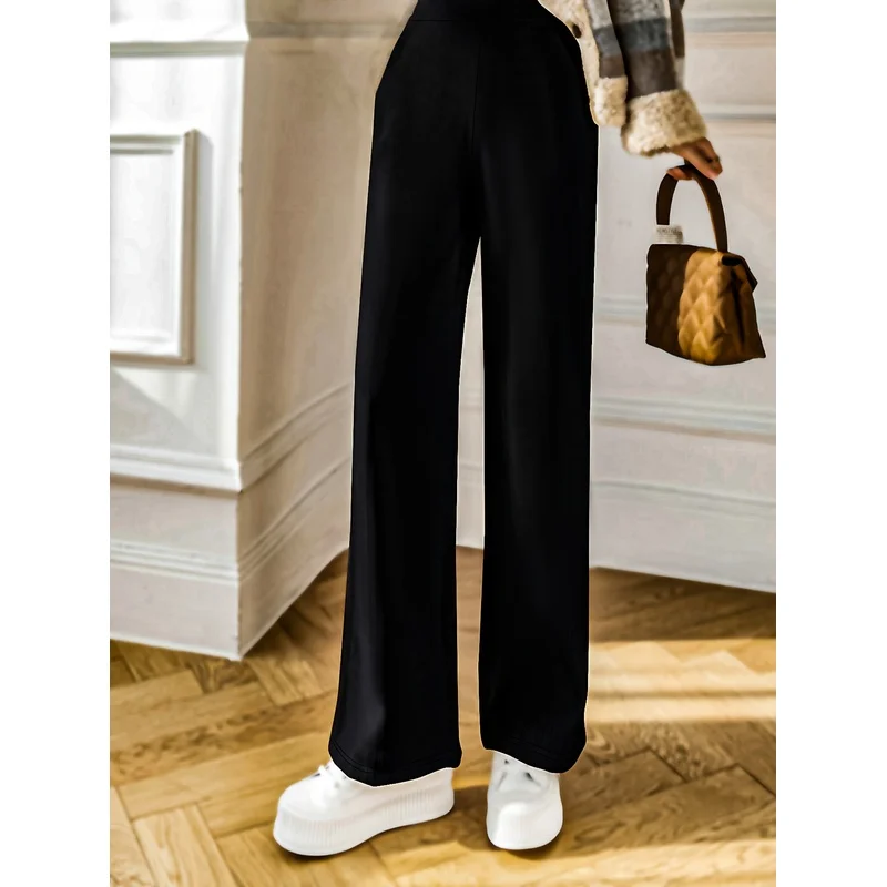 2025 Chique moderne wijde pijpen broek dames effen zwarte comfortabele afslankende kantoor casual broek