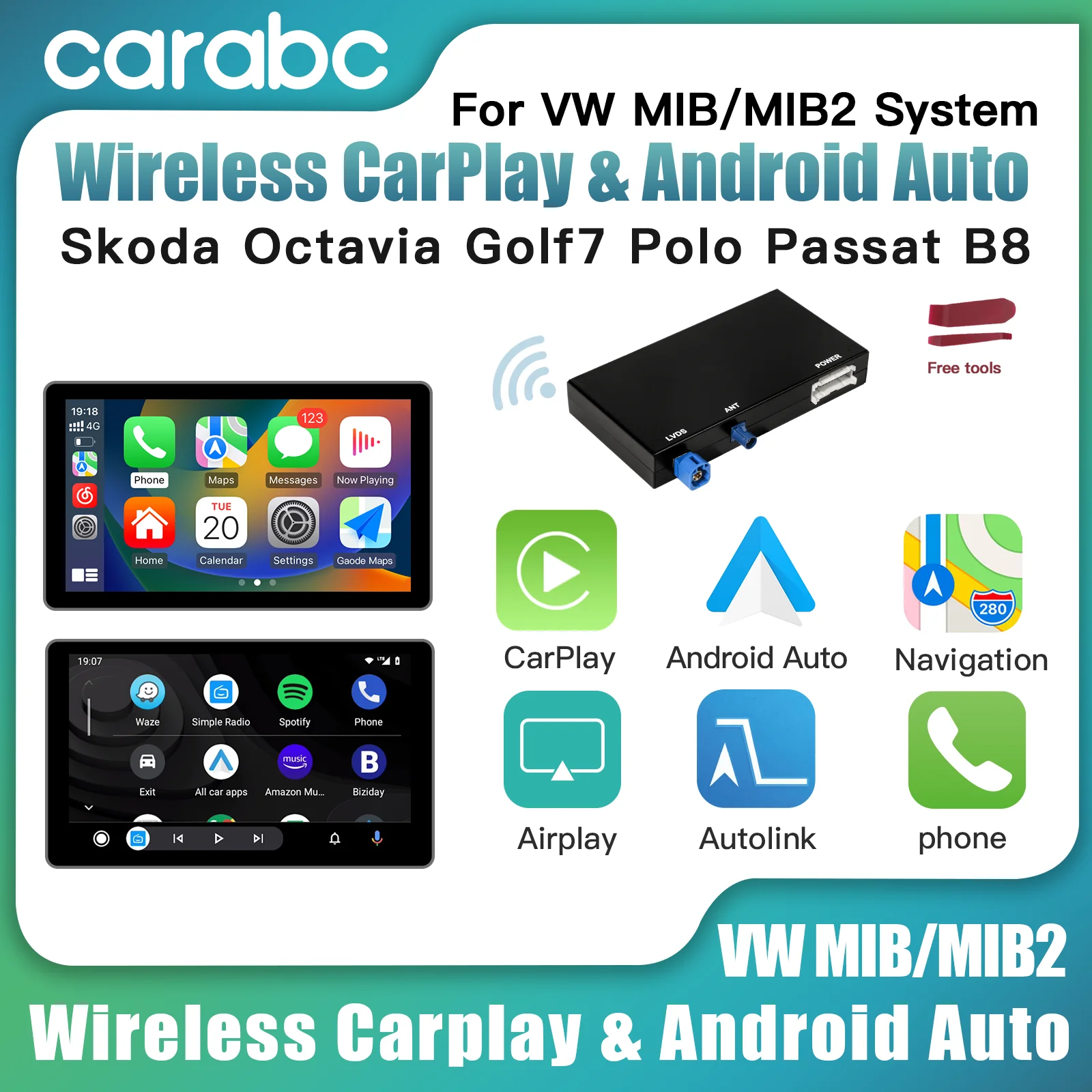 CARABC Wireless Carplay Android Auto Module Airplay AutoLink Mirror For VW Volkswagen MIB Skoda Octavia A5 Polo Golf 7 Passat B8