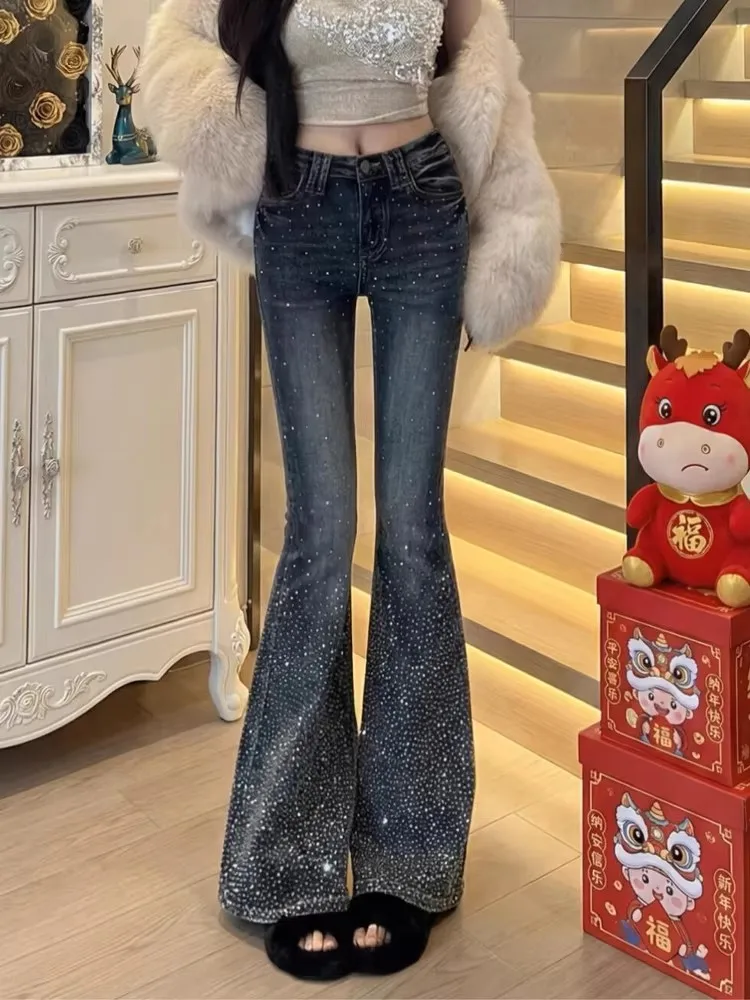 Fashion High Street Jeans 2026 New Vintage Y2k Hot Diamond Slimming Pants Women's Spicy Girl Shining Cowboy Bellbottom Pants