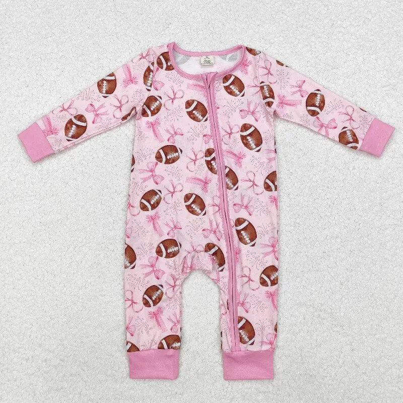 Winter Boutique Baby Girls Rugby Pattern Onesie Pink Zipper Long Sleeve Wholesale Hot Selling  Soft Fabric Baby Outfi