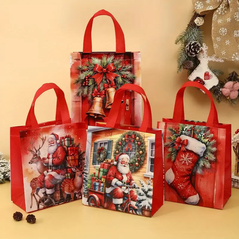 4 bolsas festivas navideñas con diseño navideño rojo y verde, bolsas de regalo reutilizables no tejidas para comestibles, recuerdos de fiesta