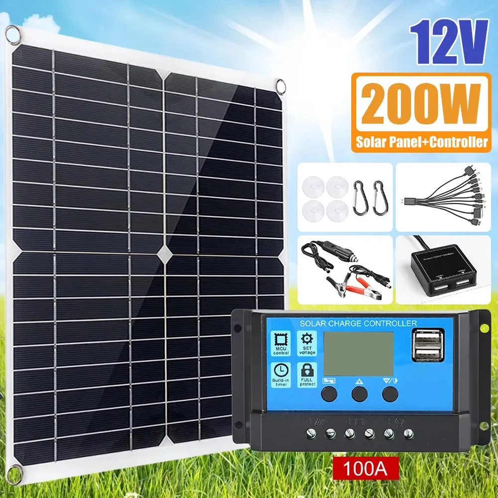 

12V Solar Panel Kit with 100A Solar Charge Controller Extension Cable with Battery Clips for Boat Motorcycle Lights RV Camera