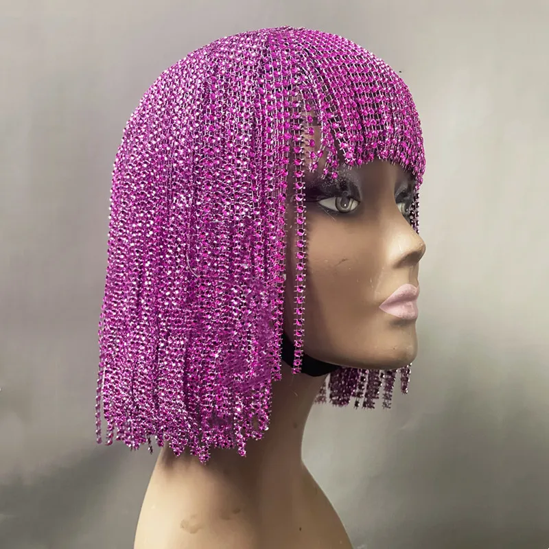 Sparkly Purple Chains Wig Headgear Nightclub Bar Singer Dancer Stage Performance Head Ornament Party Show Rave Stage Accessories