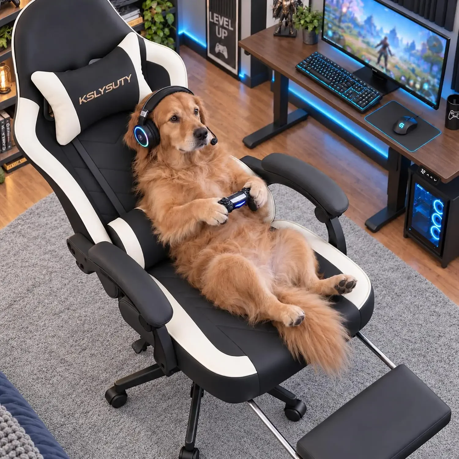 Desk Computer Gaming Chair - High Back Ergonomic Office Chair with Footrest and Lumbar Support, Swivel Comfy Home Gamer Video Game Chairs with Pocket Spring Cushion for Adults (White Leather)