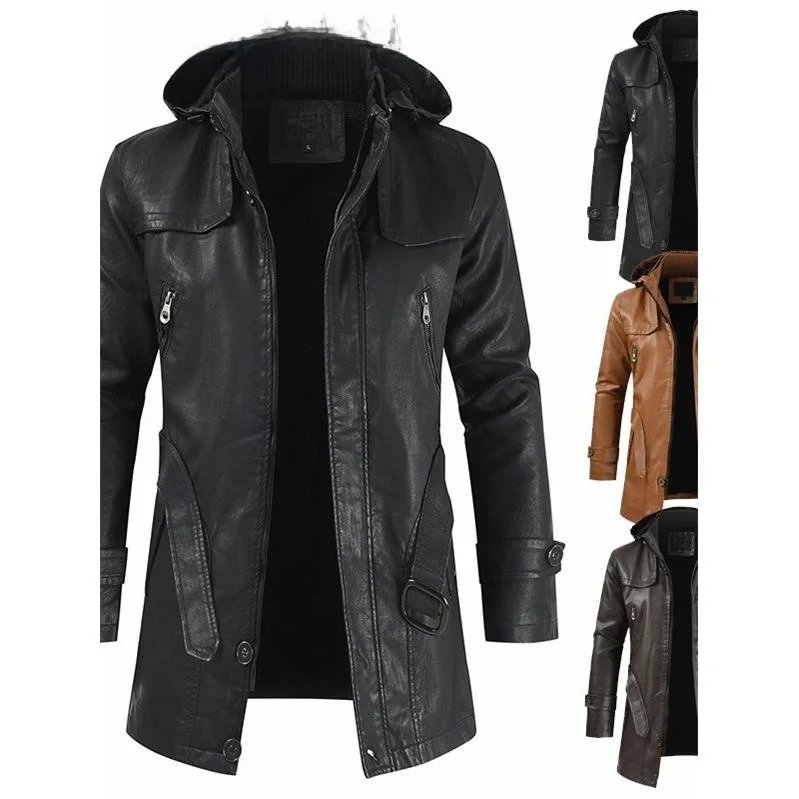 

Men's Fce Lined Leather Jaet Long Sve Faion Urban Sle Motorcycle Coat Medium Length Real Leather Windbreaker Coat