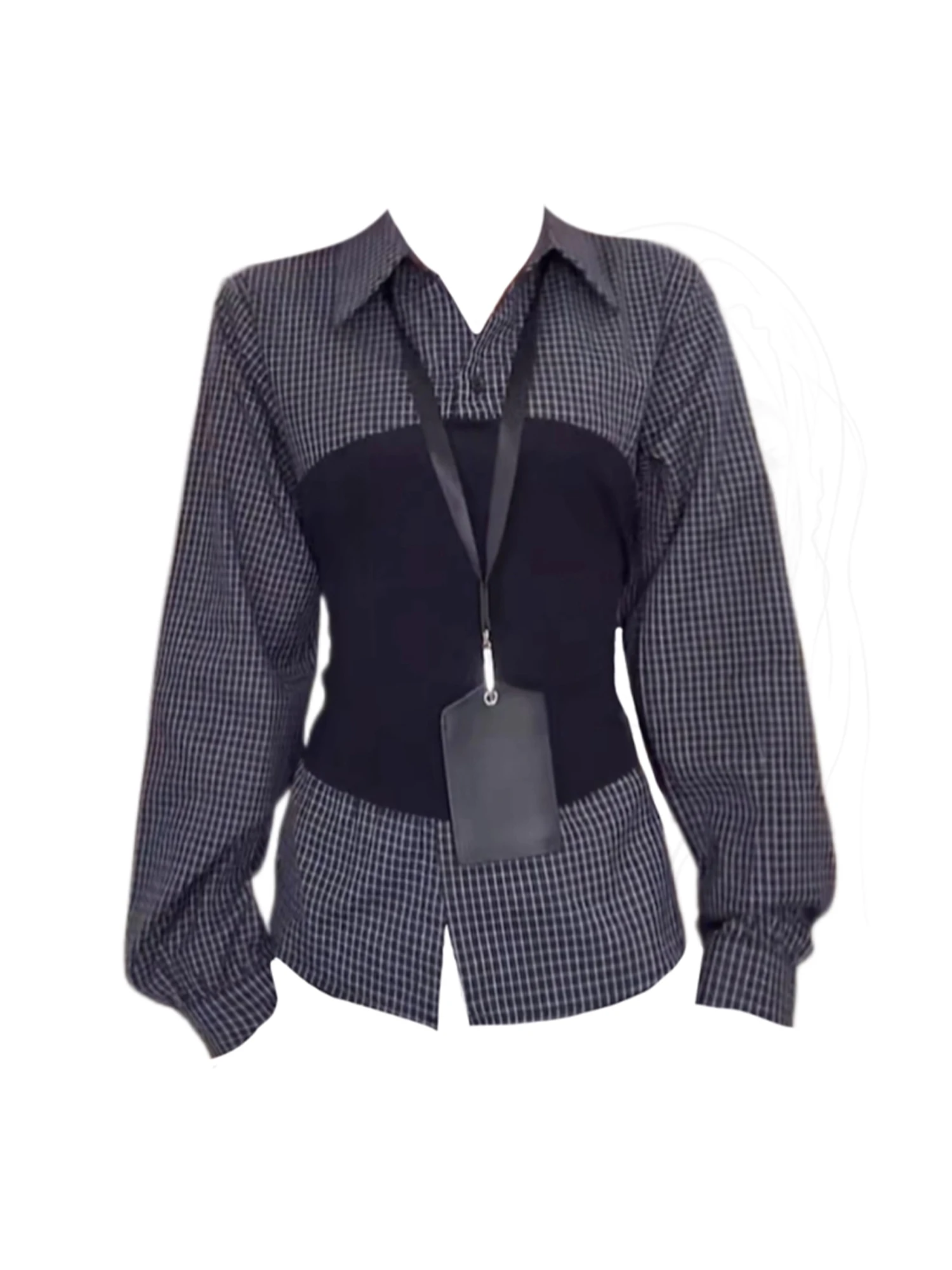 

Women Plaid Shirts Blouses Vintage Y2k 90s Aesthetic Elegant 2000s Long Sleeve Patchwork Polo-Neck Shirt Clothes Autumn Spring