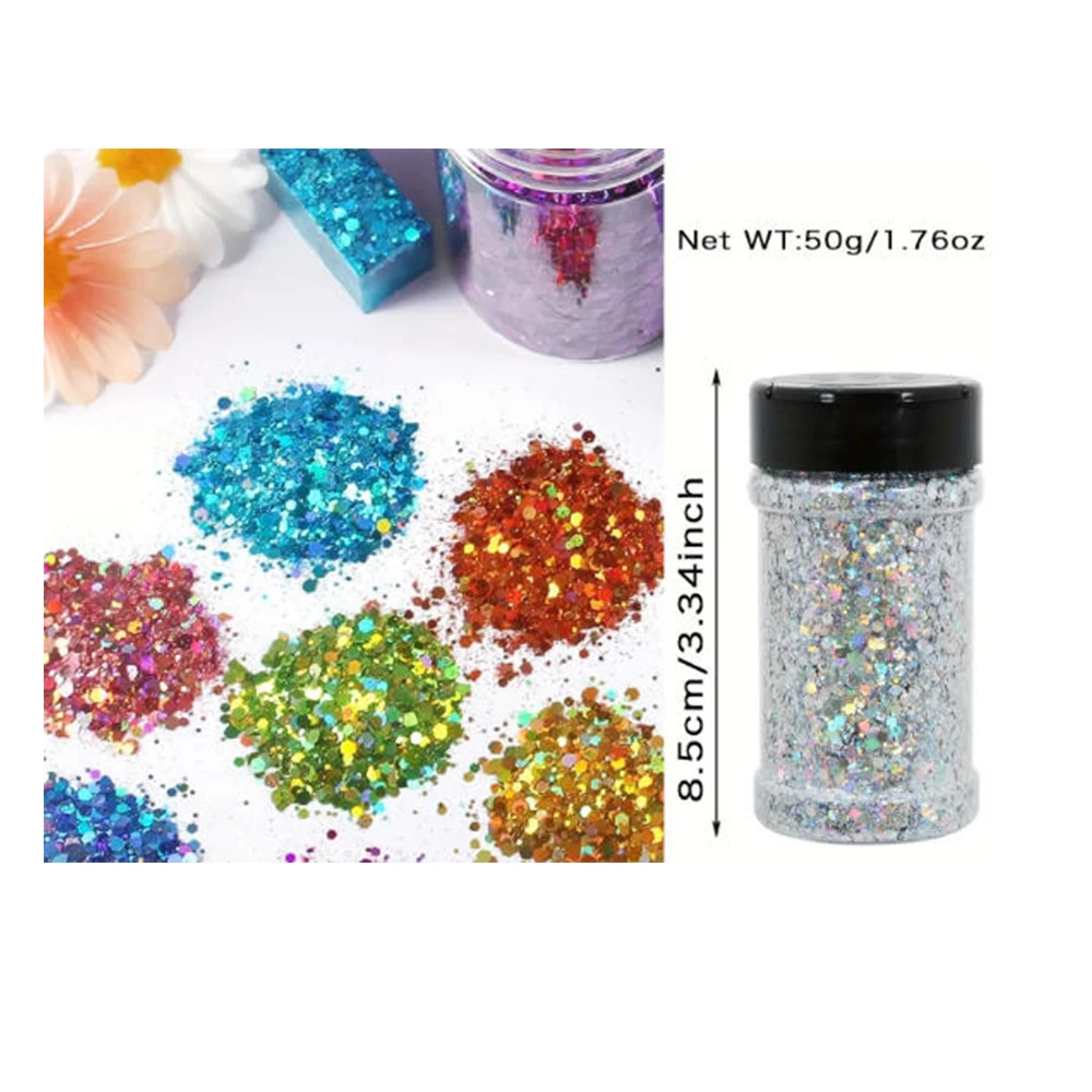 1,76 Unzen 50 g holografisches, klobiges Glitzer-Bastel-Glitzerpulver, gemischte, klobige, feine, schillernde Nagel-Pailletten für Nägel, Festival-Dekoration