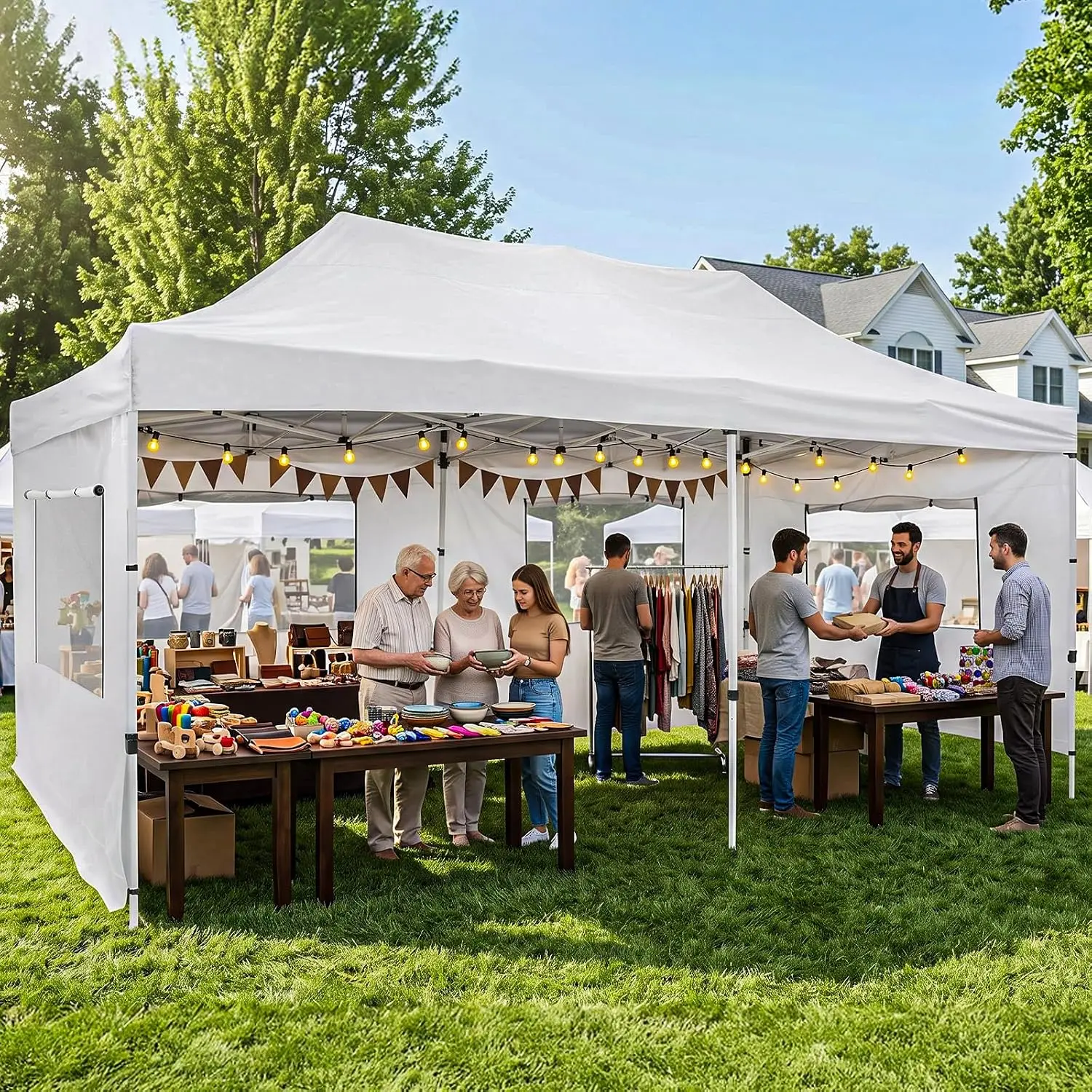 10x20 FT White Heavy Duty Pop Up Canopy Tent with 6 Sidewalls, Waterproof UPF 50+ Commercial Gazebo with Wheeled Bag
