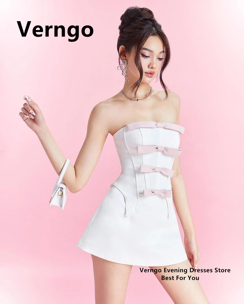 Verngo Strapless Sleeveless Mini Dresses A Line Evening Party Dresses For Women Bow Graduation Dress Birthday Dresses