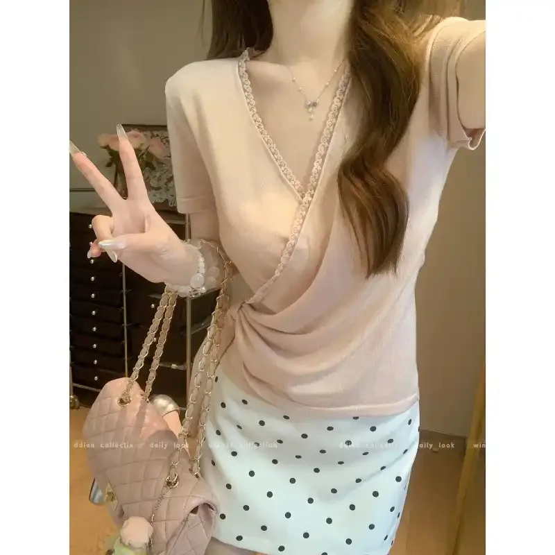 Women's Wrap V-neck Knit Top With Lace Trim Short Sleeve Tie Waist Elegant Blouse