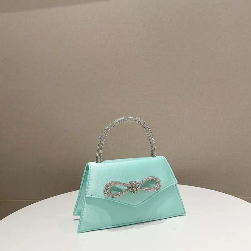 Women Rhinestone Bow Satin Handbags Elegant Boutique Crystal Top Handle Evening Clutch Purses Chain Crossbody Bags Wedding Party