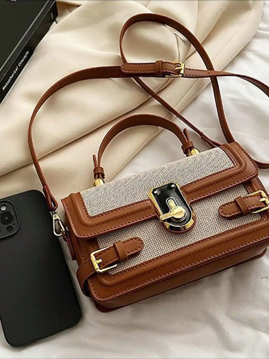 Damen Retro Ästhetische Umhängetaschen Spleißen Messenger Bags Quadratische Metallschnalle Umhängetaschen