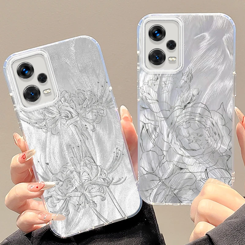 Sketch Flowers Lines For Xiaomi Redmi Note 13 12 11 11S 10 10S 9 9S 8 Pro Plus Max 5G Feather Yarn TPU Phone Case