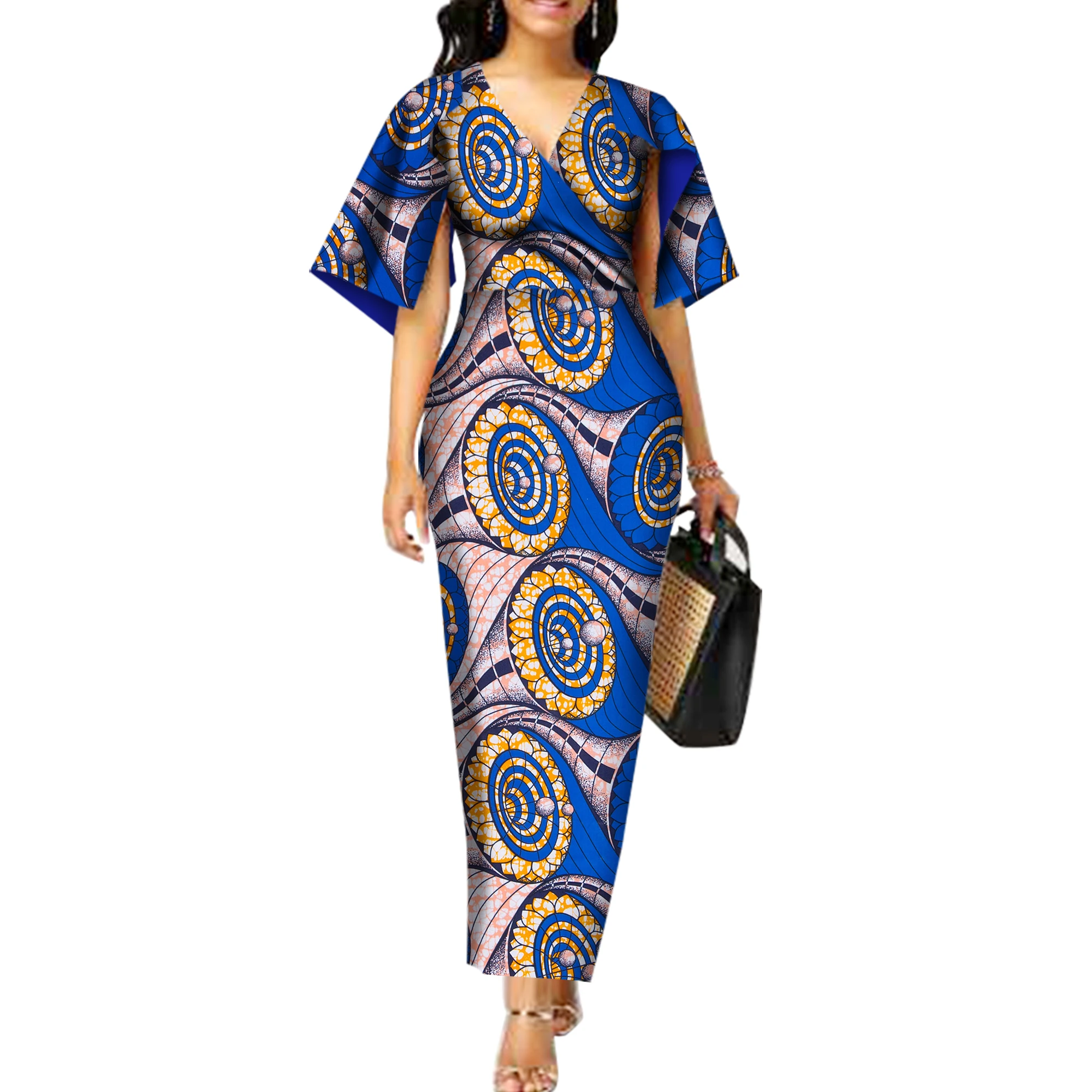 

Bintarealwax Fashion African Dresses for Women Dashiki Plus Size African Clothes Vestidos Deep V-Neck Party Dress WY3290