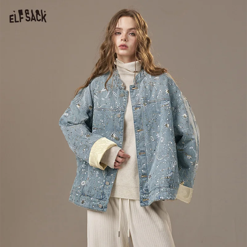 

ELFSACK 2025, зимние новые поступления, повседневная новая блестящая джинсовая куртка свободного покроя в китайском стиле для женщин