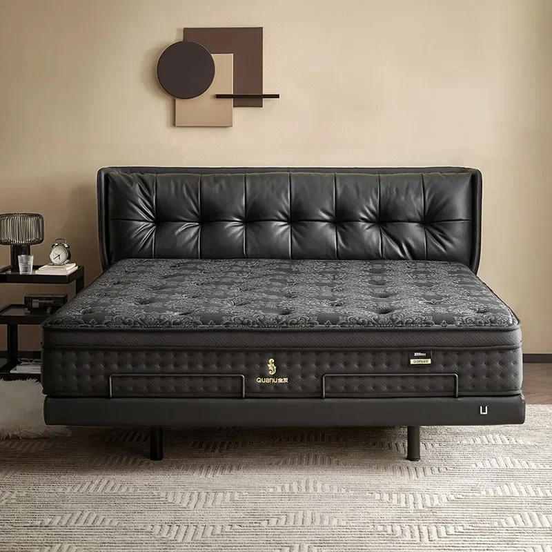Electric leather art bed, black master bedroom double bed, first-layer cowhide bed