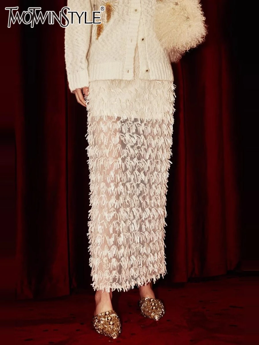 

TWOTWINSTYLE Solid Slimming Spliced Sequins Elegant Skirts for Women High Waist Patchwork Tassels Fashion Skirt Female Clothing