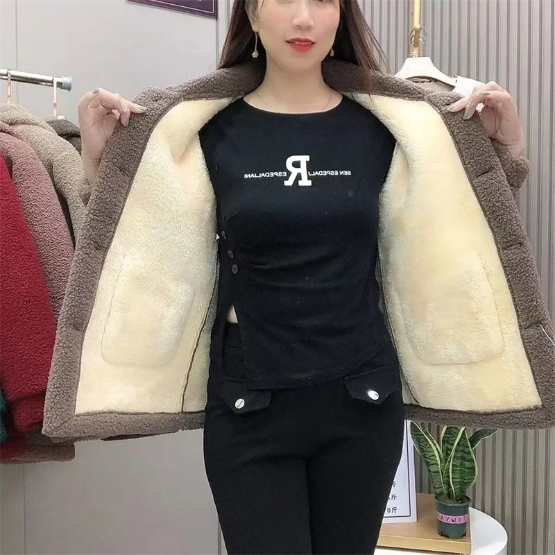 Autumn Winter 2023 New Women Imitation Lamb Wool Jacket Thicke Warm Pocket Pimp Fur Coat Female Cotton Padded Jacket Outerwear