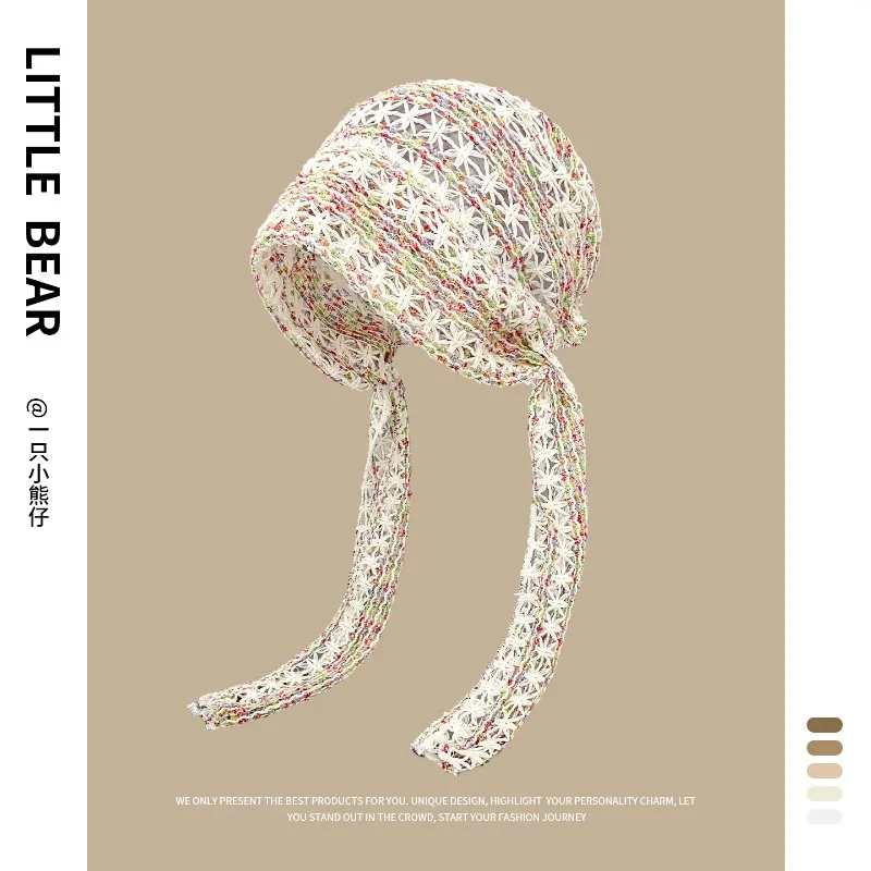 Korean Fashion Mixed Color Hollow-out Crocheted Strap Beanies for Women Summer Light Breathable Versatile Elegant Pullover Hat