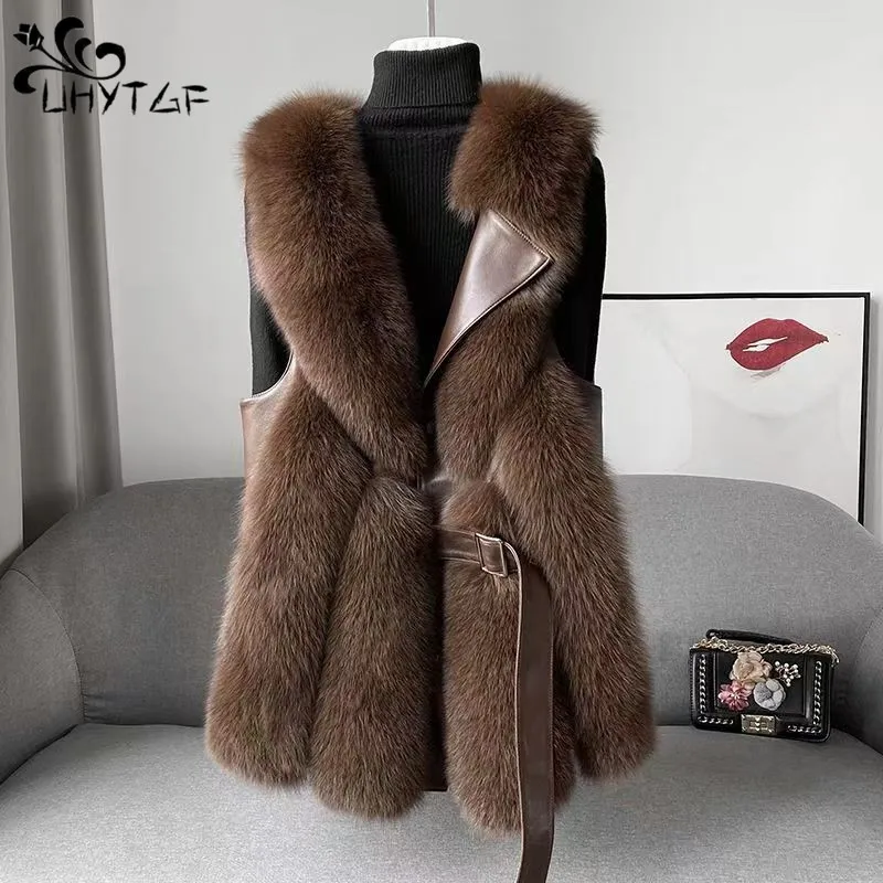 2024 New Fox Fur Vest Coat Womens Faux Fur Waistcoat Fashion Slim Fur Jacket Chic Sleeveless Faux Fox Fur Vests With Belt Jacket