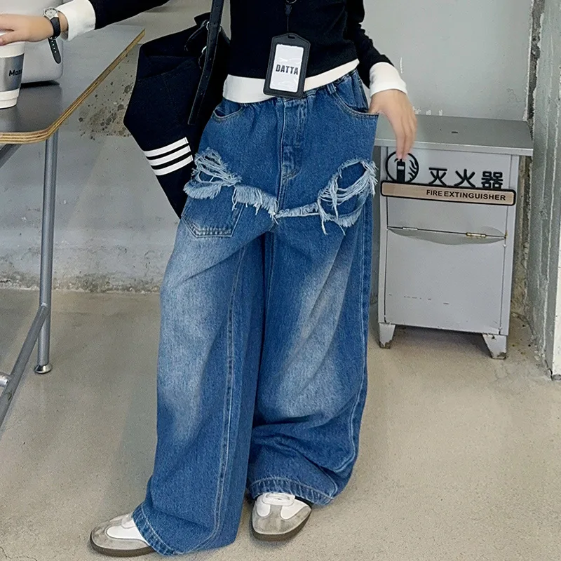 Girls Pants 2024 Autumn New Childrens Wear Korean Style Girl Baby Foreign Style Wild Edge Wide Leg Jeans Casual Simple Tide image 5