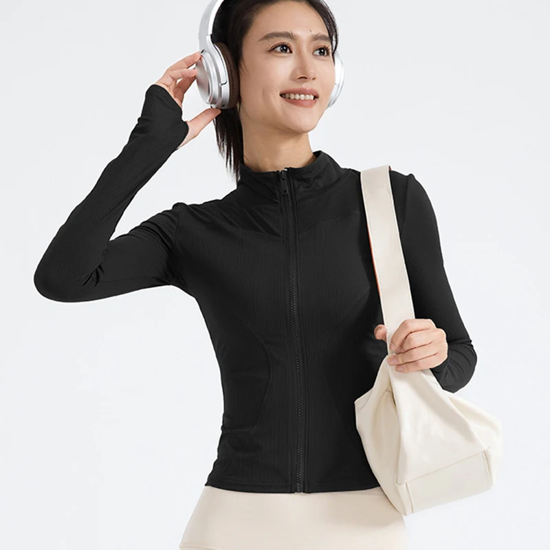 Women Sport Jacket Slim Fit Long Sleeve Fitness Athletic Coat Yoga Tops Outfit With Thumb Holes Ribbed Gym Jacket Workout Wear