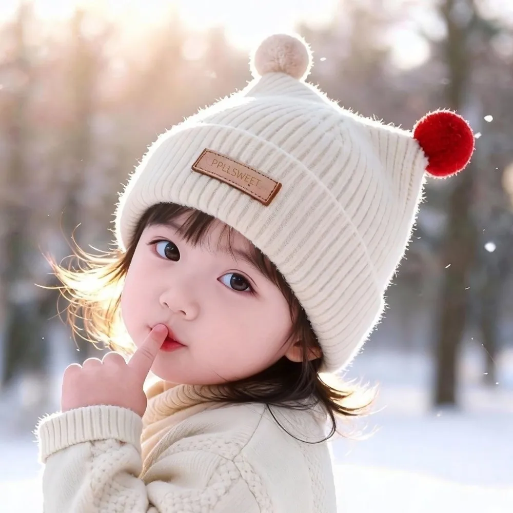 New Mushroom Ball Knit Hat Thickened Ear-Covering Infant Winter Hat Cute Style Antenna Earflap Hat for Boys