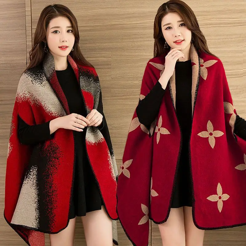 

Women Winter Knitted Poncho Cape Outside Wear Cloak Plaid Printed Air Conditioning Blanket Autumn Warm Faux Cashmere Shawl