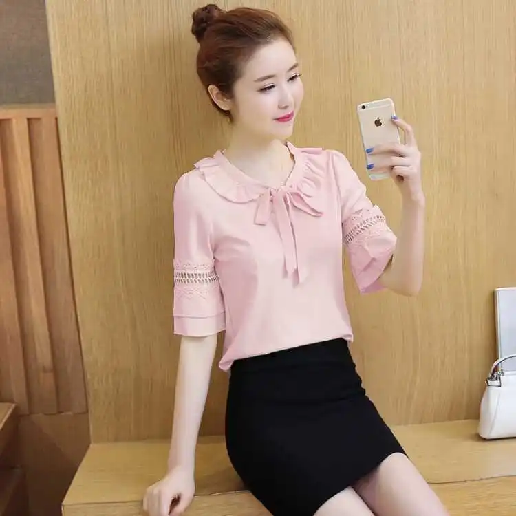 Women's Small Shirt Chiffon Shirt Trend 2024 Ruffle Edge Top Mid Sleeve Chiffon Shirt Women's Trumpet Sleeve Doll Collar Top