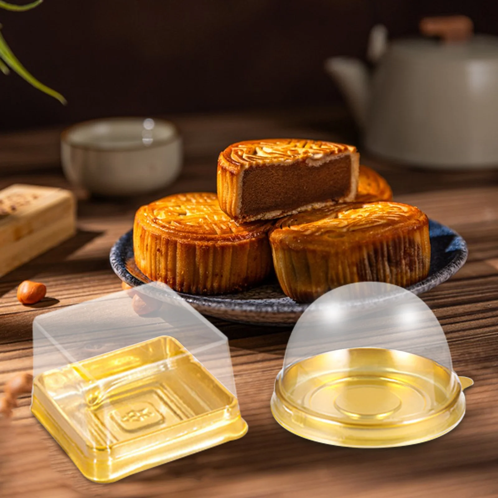 

100Pcs Round Moon Cake Cases Golden Packaging Boxes Easy Assemble Good Sealing Lightweight Portable Multipurpose Storage