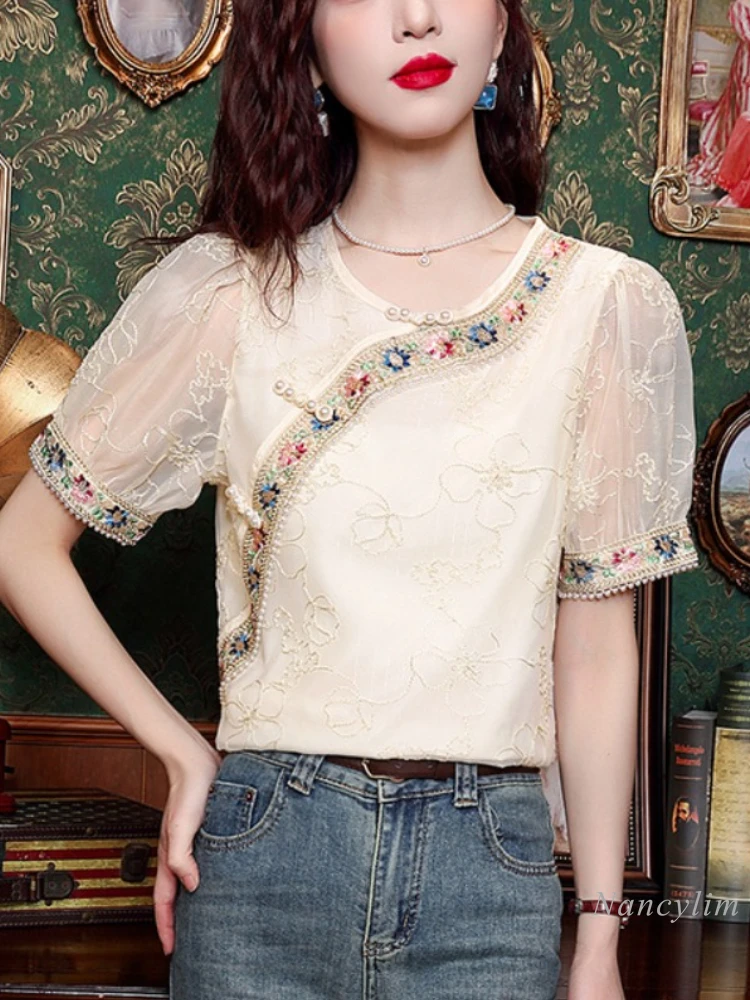 

New Chinese Style Short-Sleeved Chiffon Blouse Women's Clothing 2024 New High-Grade Embroidery Puff Sleeve Top Summer Blusas