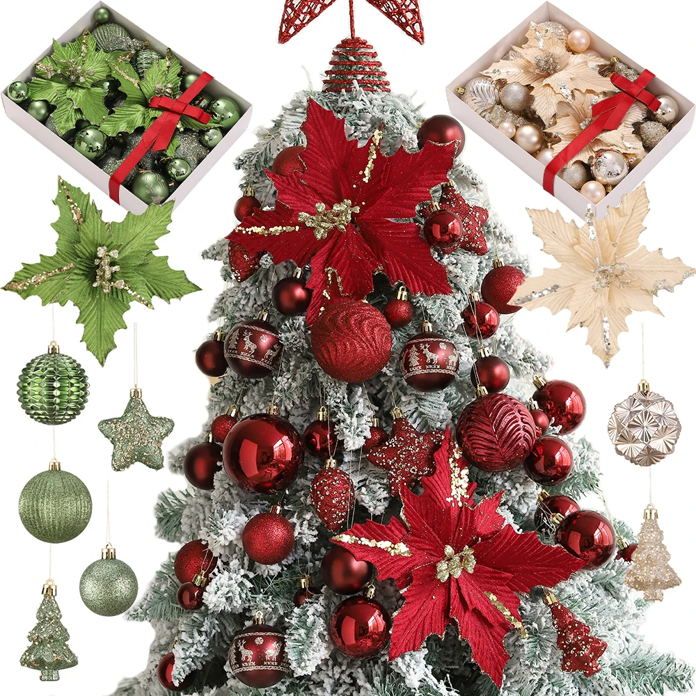 

53/54Pcs Christmas Decor Xmas Tree Ornaments Champagne Red Green Christmas Balls Glitter Artificial Flower New Year Gift Navidad