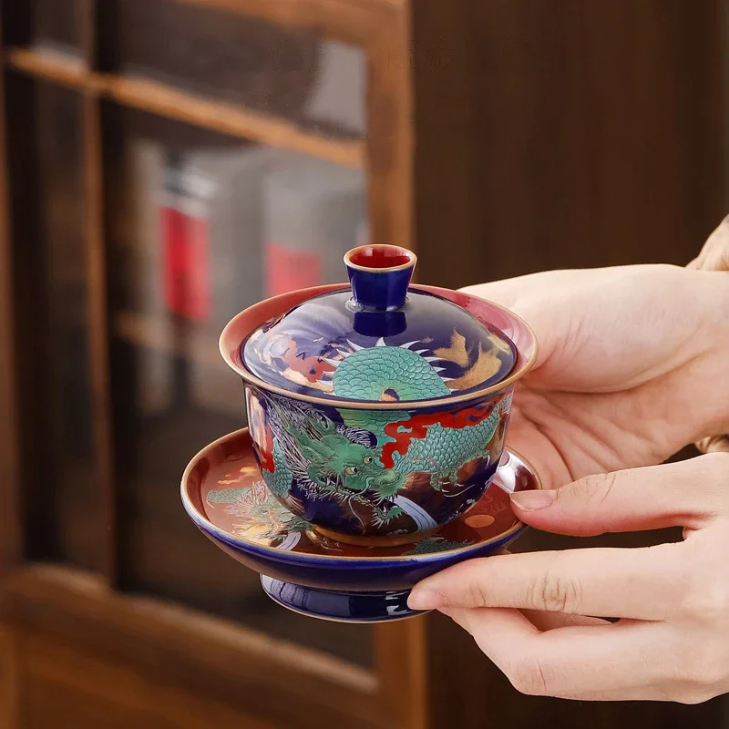 Ceramic Sancai Gaiwan Single Tea Bowl, Blue Glaze, Large Size with Lid, Household Kung Fu Tea Cup Set, Brewing, Chinese Dragon