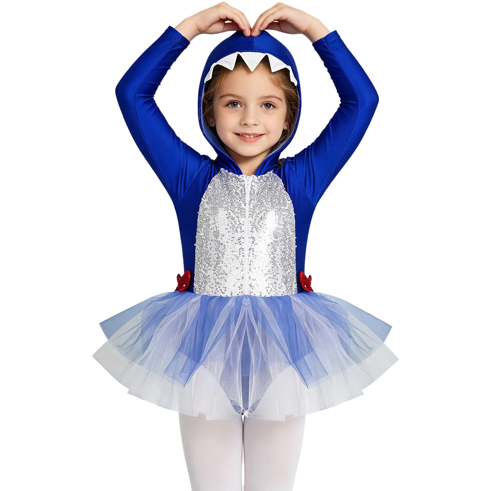 Kids Girls Shark Costume Long Sleeve Sequins Hooded Tulle Dresses Ballet Dance Gymnastics Leotard for Halloween Carnival Cosplay