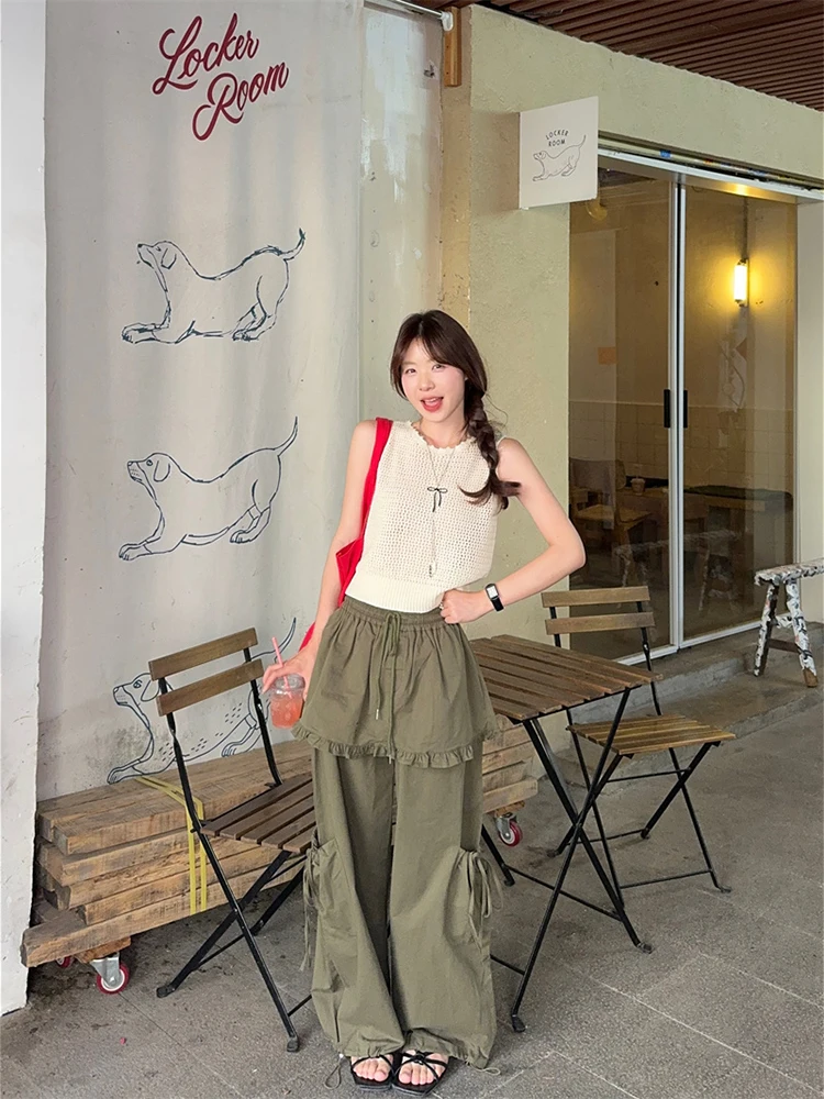 

Female niche hollow out knitted vest summer design sense fake two-piece wide leg cargo pants casual trendy two-piece set