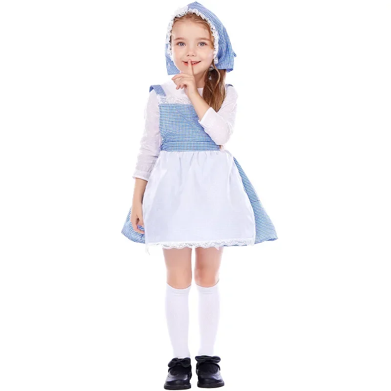 Хлопковый костюм для косплея Алисы с синей решеткой для девочек, костюм горничной в пасторальном стиле, платье для маленькой девочки на ферме, праздничный костюм, фотокостюм