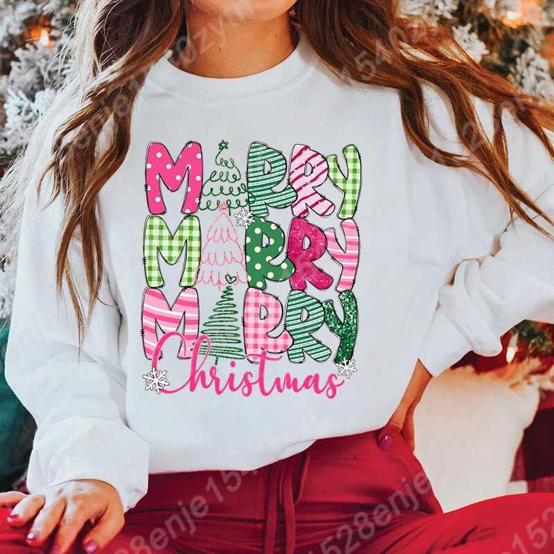 

Women Hoodeless Sweatshirts Christmas Tree Merry Christmas Graphic Round Neck Pullovers Ladies Casual Solid Color Pullovers Tops