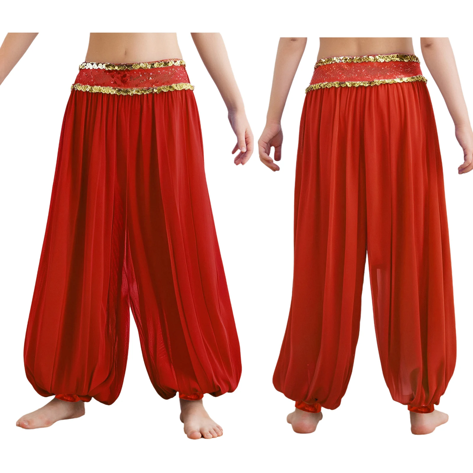 Shiny Sequins Belly Dance Stretchy Pants for Kids Girls Sheer Mesh Bloomers Halloween Theme Party Trousers Performance Costume