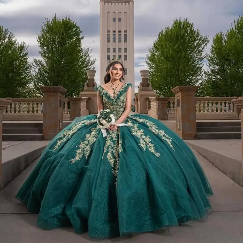 Черновато-зеленое платье Quinceanera с открытыми плечами и v-образным вырезом по индивидуальному заказу, тюлевое кружево с 3D цветами, платья de 15, Quinceanera ﻿