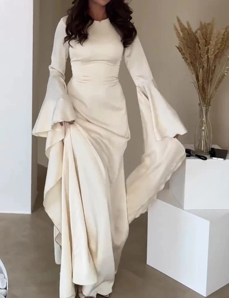 

Elegant Solid Color Chiffon Straight Modest Casual Party Robe Simple Sleeves A-line Loose Evening Dress