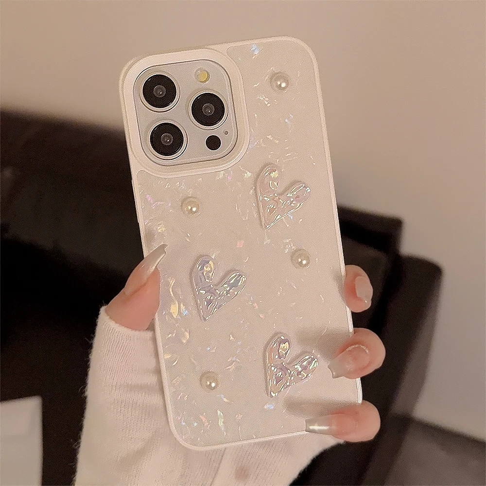 Korean Cute 3D Laser Love Soft Silicone Case for iPhone 15 Plus 14 13 12 11 Pro Max Pearl Shockproof Shell Pattern Phone Case