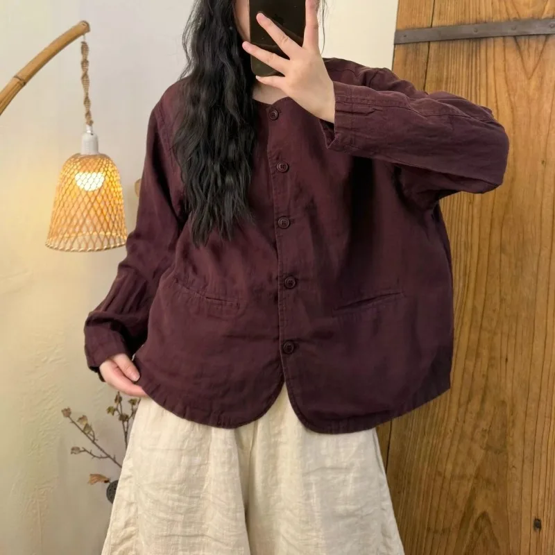 

Двухслойная женская куртка на пуговицах с круглым вырезом, новинка 2023 года, осеннее модное женское пальто из песочного материала из конопли