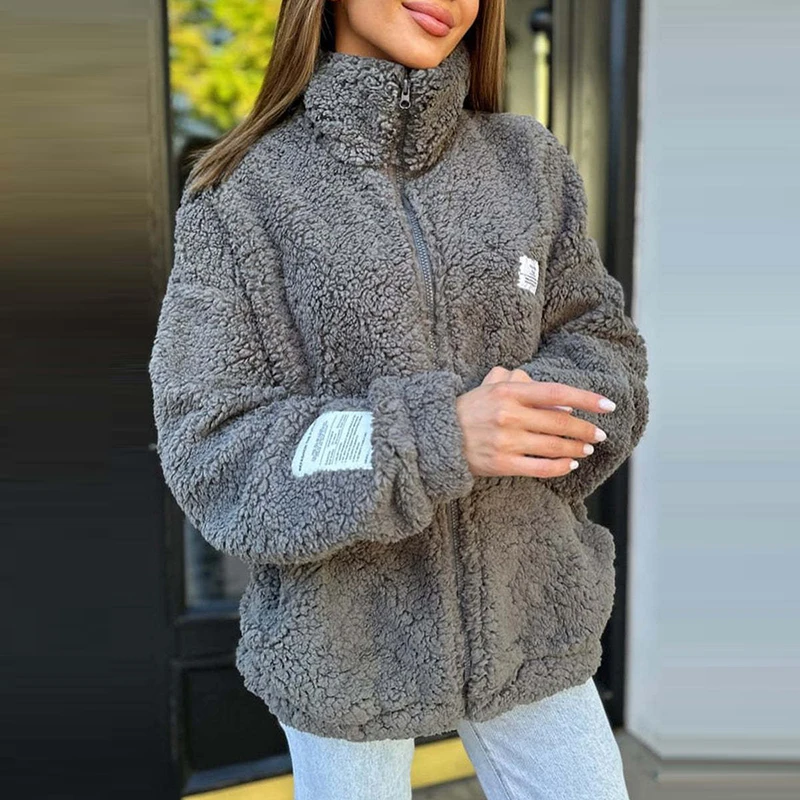 New Winter Warm Flip Collar Long Sleeve Outwears Fashion Solid Color Pocket Jacket Coats Casual Loose Furry Zipper Women\'s Coats