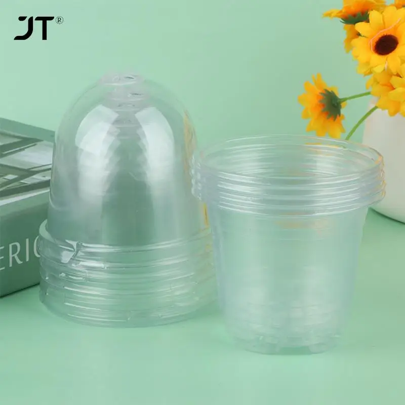 5Pcs Plant Nursery Pot Transparent Plastic PET Seed Stater Cups with Cover Humidity Dome Tray Transplanting Planter Containers