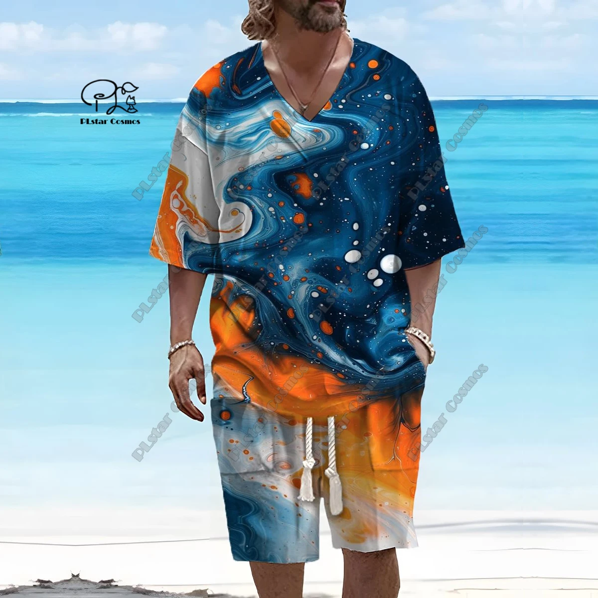 PLstar Cosmos 3D printed new men's V-neck gradient retro pattern short sleeved shorts T-shirt suit casual series T-10